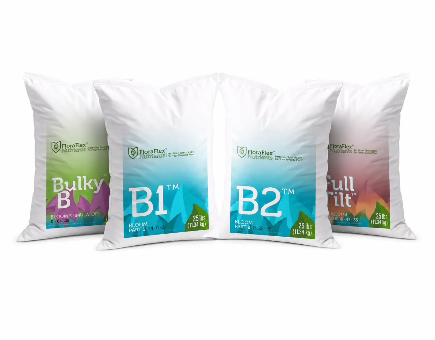 FloraFlex dry nutrient line: V1, V2, B1, B2, Bulky B and Full Tilt bags