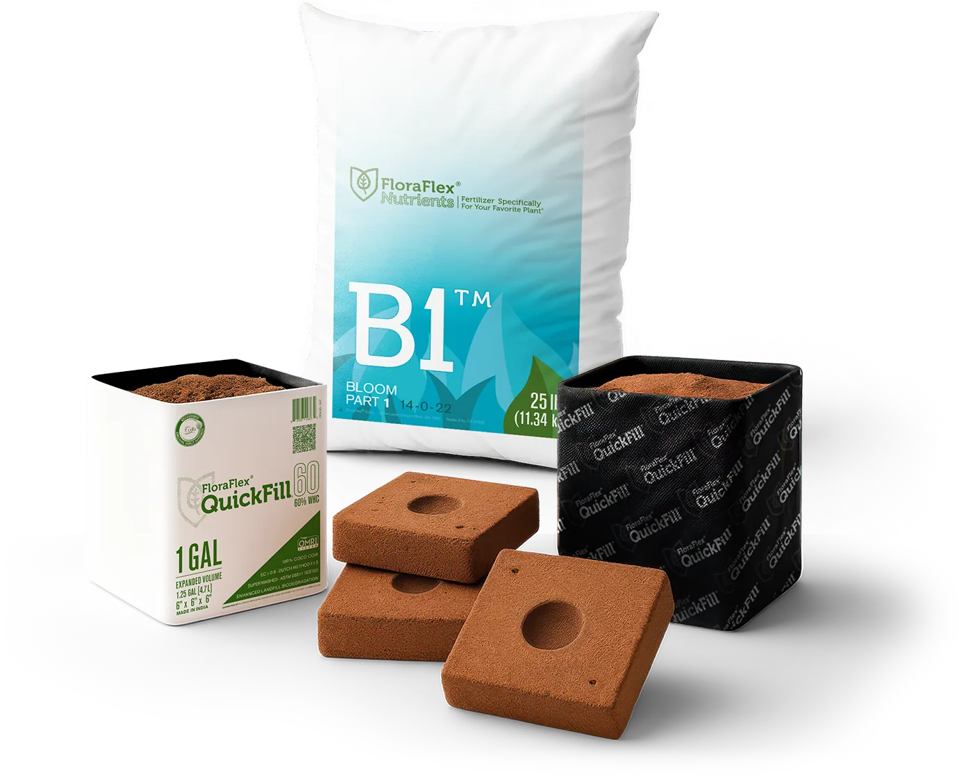 FloraFlex growing system: QuickFill 1 Gallon coco coir box, expandable coco coir blocks, a black QuickFill fabric pot, and a B1 bloom dry nutrient bag